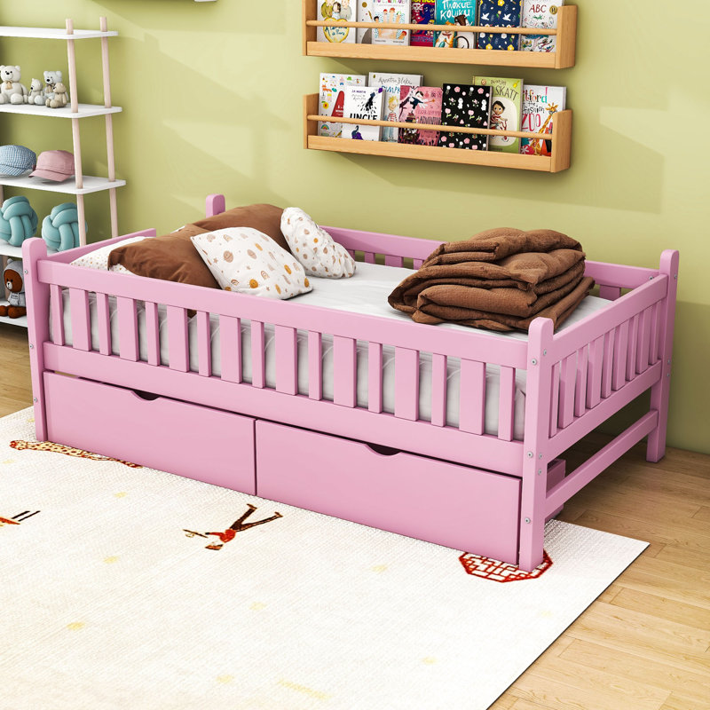Lit plateforme simple en bois avec 2 tiroirs de rangement et garde-corps de sécurité, Rose