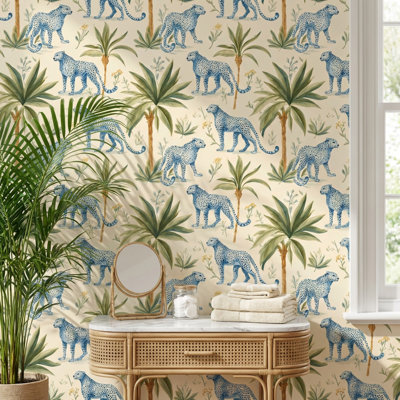 Décoration murale léopards papier peint bleu tropical
