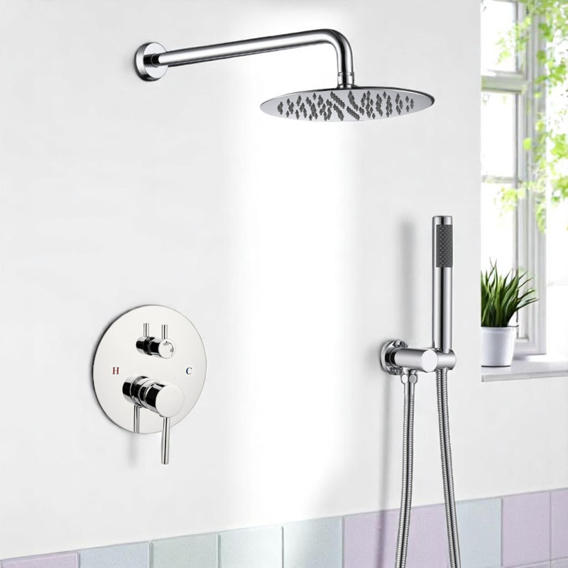 10" Round Shower Head Pressure Balanced Shower Faucet System With Handheld Spray, Polished Chrome