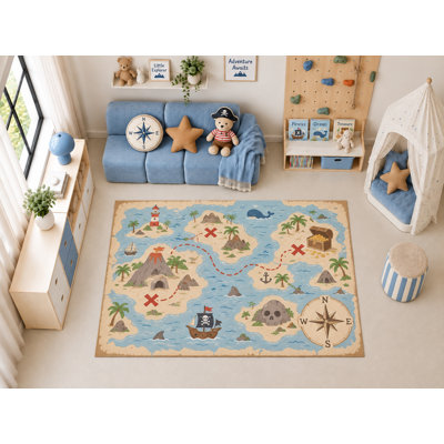 "Ultra Thin" 5' x 7' Pirate Treasure Map Design, Island Ship and Compass Kids Floor Rug, Fun Playroom and Bedroom Decor, Soft Area Rug Carpet for Kids