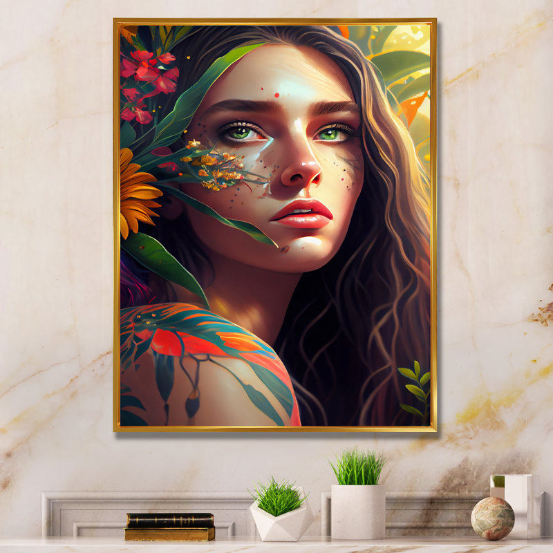 «Colorful Tropical Woman Portrait I», impression sur toile, H 40 po x l 30 po x P 1,5 po, Toile avec cadre flottant or