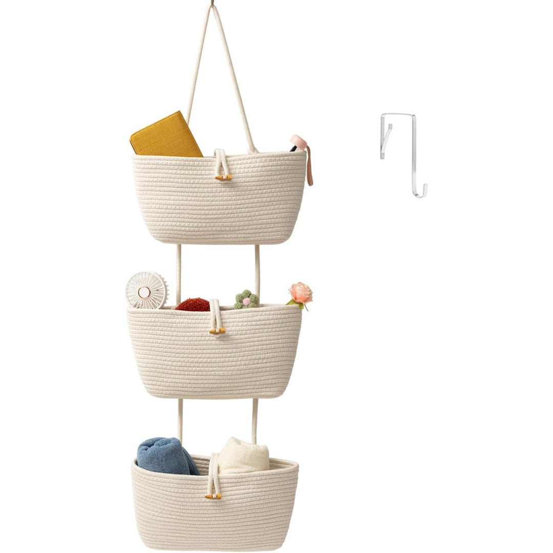 3-Tier Cotton Rope Baskets With Button Strap Over The Door Wall Hanging Baskets For Nursery, Living Room, Bathroom, Door Storage Organizer For Decorat