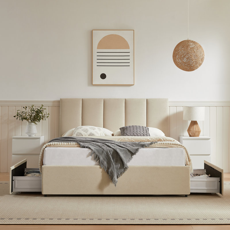 Lit plateforme avec rangement à 4 tiroirs Juanetta, Beige, Grand