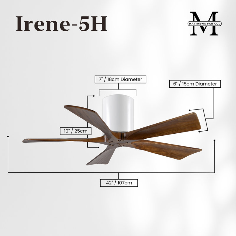 60" Irene 5-Blade Hugger Ceiling Fan with Wall Remote, 42", Walnut Tone, Gloss White