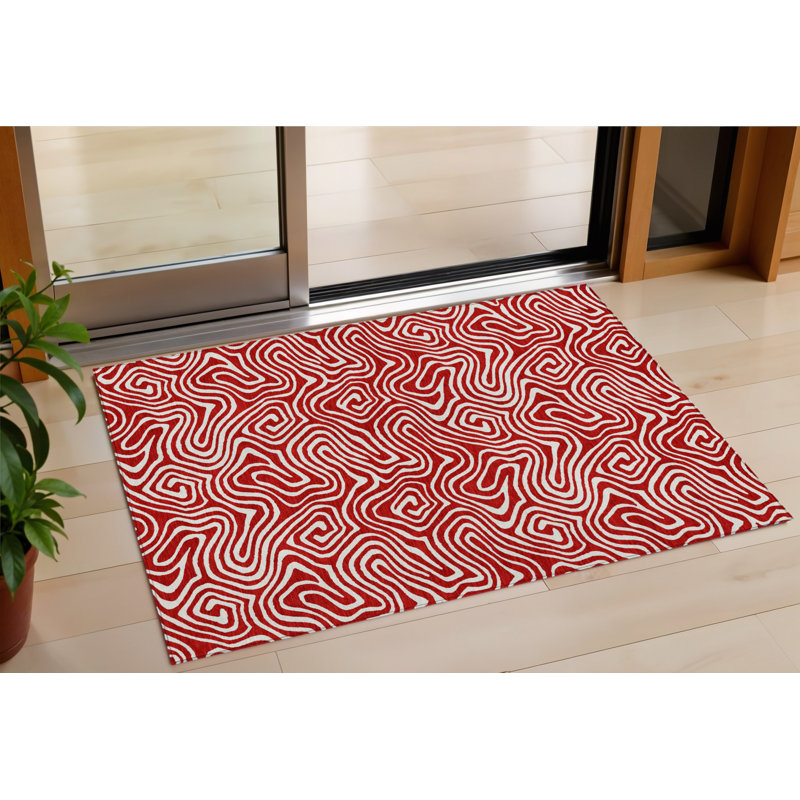 3' X 5' Red And Ivory Abstract Washable Indoor Outdoor Area Rug