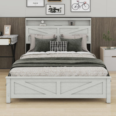 Bed Frame Headboard With LED Lights And Charging Station, With Headboard And Hidden Storage Space