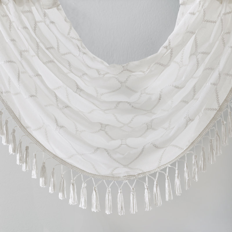 White Sheer Embroidered Waterfall Valance with Tassels