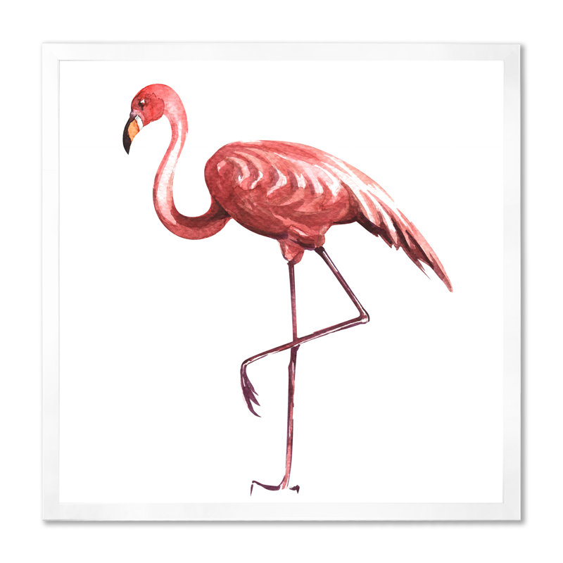 Flamant rose sur une patte - reproduction sur toile, H 30 po x l 30 po x P 1 po, Cadre photo blanc