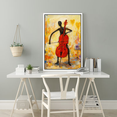 Abstrait violoncelliste avec violoncelle rouge et accents de cœur - impression sur toile encadrée