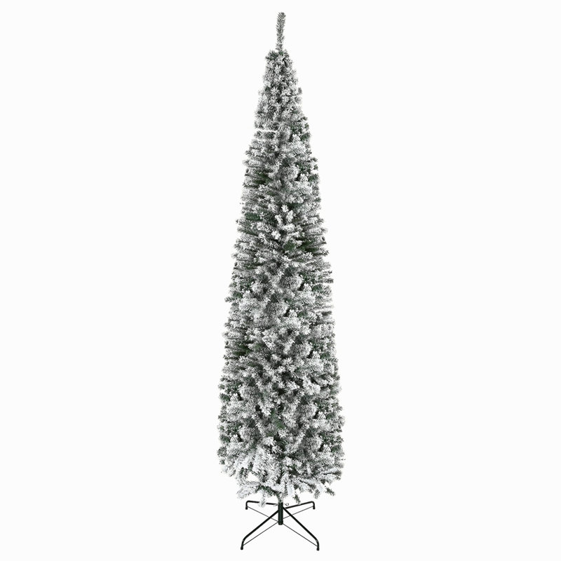 9' Tall Unlit Snow-Flocked Slim Artificial Christmas Tree With Realistic Branches And 1014 Tips, 9' H