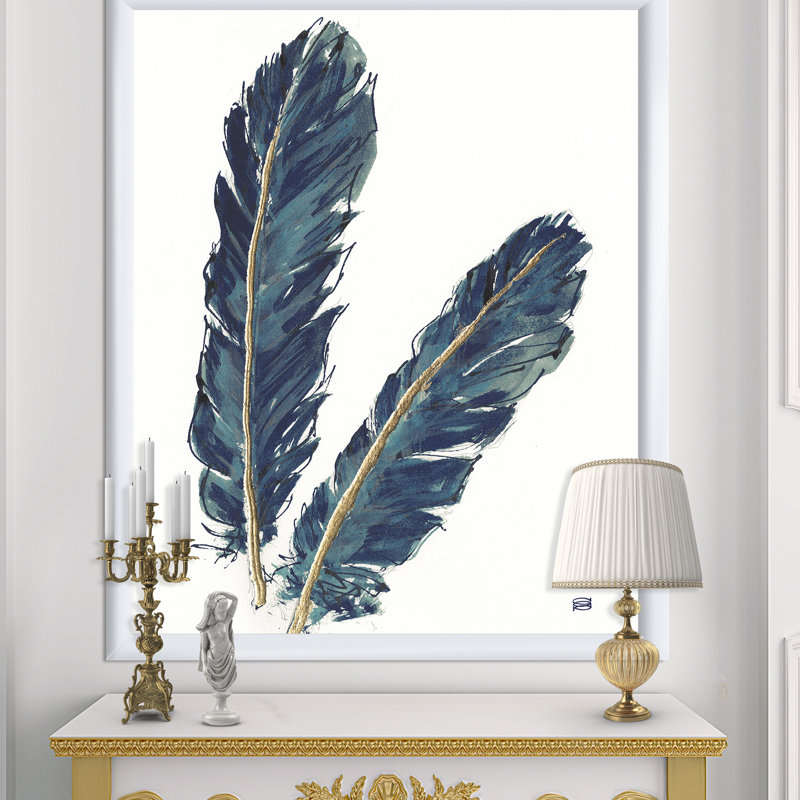 « gold indigo plumes iv »-cadre photo sur toile, H 46 po x l 36 po x P 1,5 po, Cadre blanc