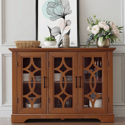 48.66" X 15.55" X 34.06" Spacious Size Sideboard 3 Clear Tempered Glass Doors Buffet With Adjustable Shelf, MDF With Dark OAK Decorative Laminates Storage Cabinet For Dinning Room, Kitchen,Living Room