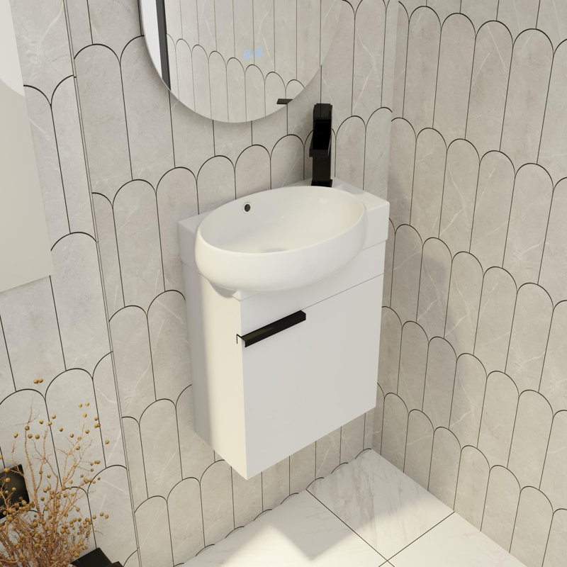 Romolo 16'' Wall Mounted Single Bathroom Vanity set, Floating Bathroom Vanity with Ceramic Basin Sink Top,1 Door, White/Black