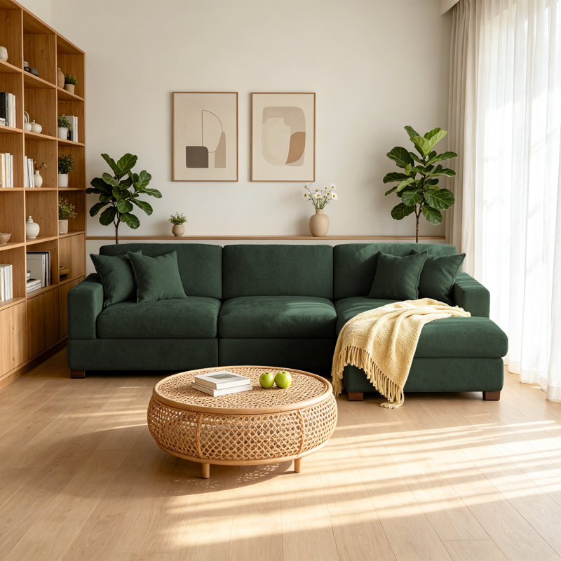 3 - Piece Upholstered Green Chenille Modular Sectional Sofa with Armrests & Throw Pillows, Green Chenille, Right Hand Facing