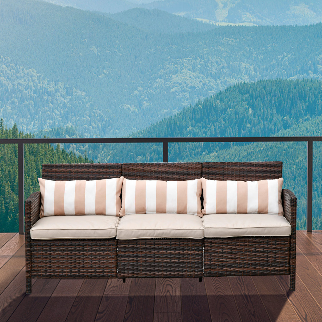 Rattan Sofa mit Kissen, Dreisitzer, Garten Loungesofa, Stahl, Braun, 173 x 68 x 78 cm