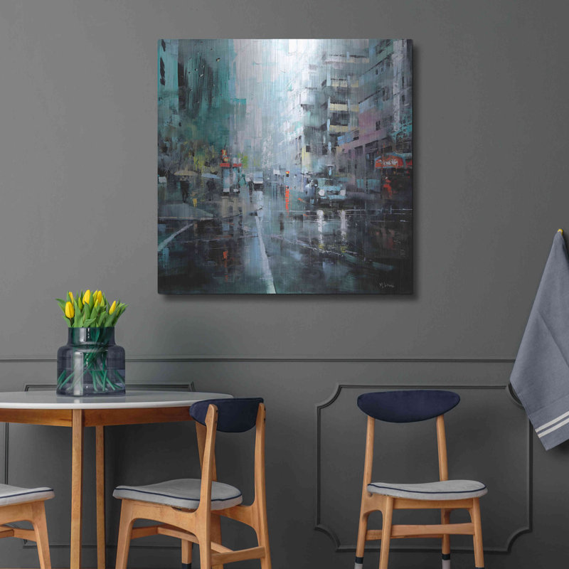 «Montreal Turquoise Rain» par Mark Lague - peinture sur métal sans cadre, H 36 po x l 36 po x P 0,13 po
