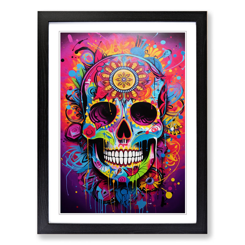 Sugar Skull Action Painting No.2 - Single Picture Frame Print on Wood, 46cm H x 34cm W x 2cm D, Black