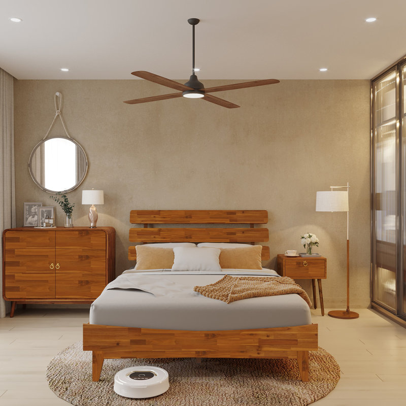 Lit plateforme en bois massif avec tête de lit ajustable Caden, style Mid-Century moderne, Grand, Caramel