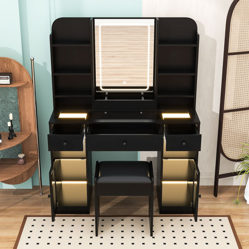 Vanity Table with LED Lighted Mirror, RGB Glass Cabinets, Drawers, Shelves, Power Outlets and Stool, Black