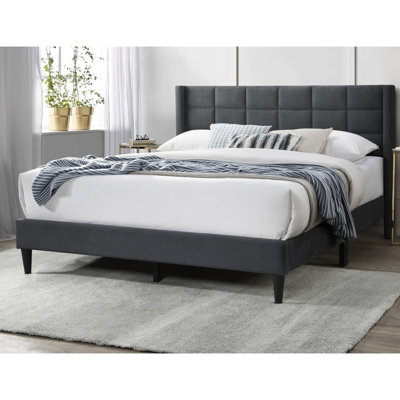 Elegant Modern Charcoal Brushed Linen 1Pc Queen Size Bed Upholstered Box Design Headboard Bedframe