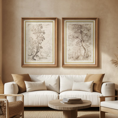 Antique Tree Illustration Rustic Botanical - Set of 2 Premium Framed Wall Art Print on Paper 26"x36"