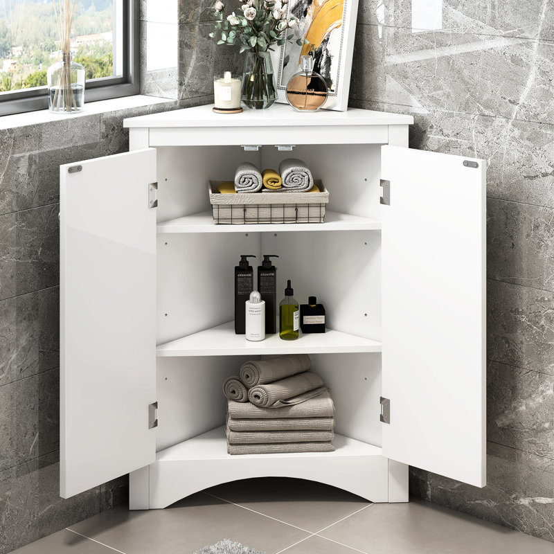 White Triangle Bathroom Storage Cabinet With Adjustable Shelves, Freestanding Floor Cabinet