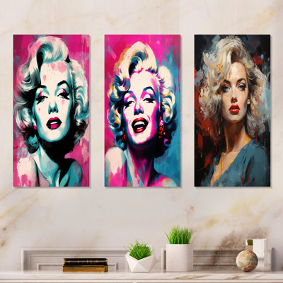 Magenta Monroe Popart Portrait - femme Pop Art, ensemble de 3 impressions sur métal