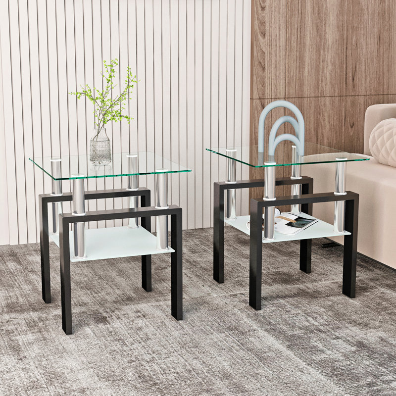 Ensemble de 2 tables à thé / café / bout carrées modernes en verre trempé pour le salon, transparent / noir | Idée de cadeau
