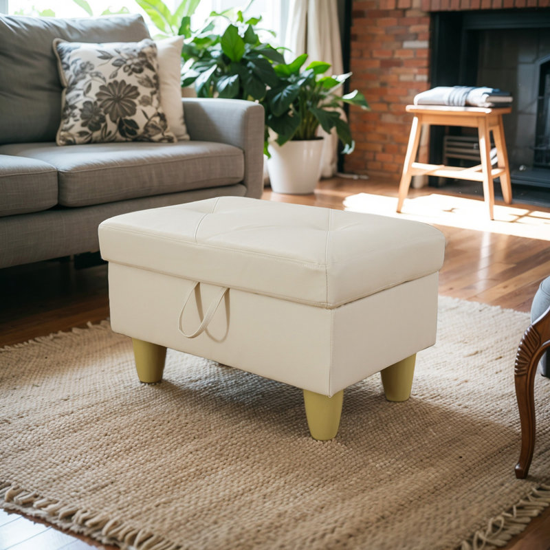 Repose-pieds de rangement rectangulaire 28,5 po Keevha, Simili cuir blanc