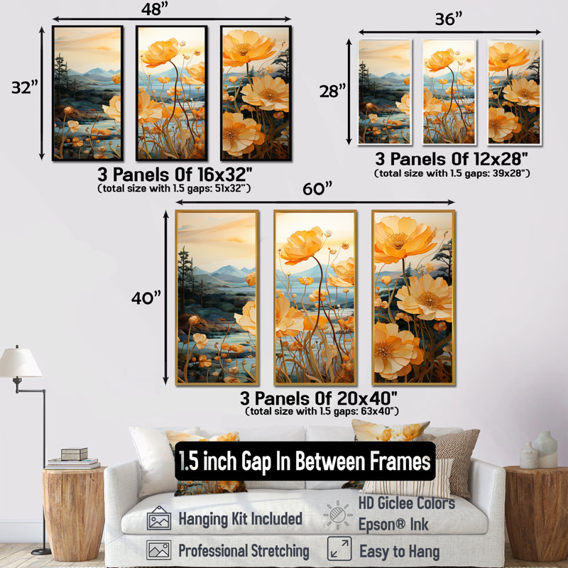 Perfectly Passionate Flowers Field I - Flower Wall Decor Set, Cadre naturel flottant, H 32 po x l 48 po x P 1 po
