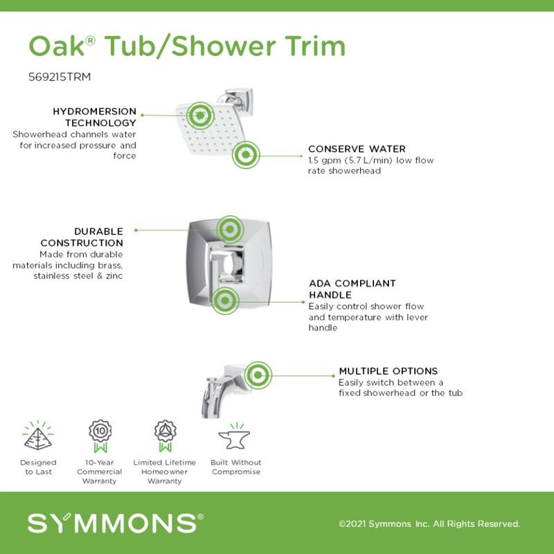 Ensemble de garniture de robinet de baignoire et douche à poignée simple Oak HydroMersion, Chrome poli
