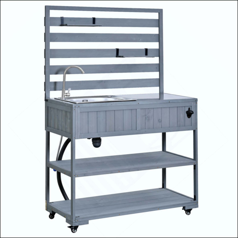 Chariot de cuisine en bois massif avec évier, banc de jardin avec plateau de table en acier inoxydable, 2 tablettes mobiles et 1 ouvre-bouteille