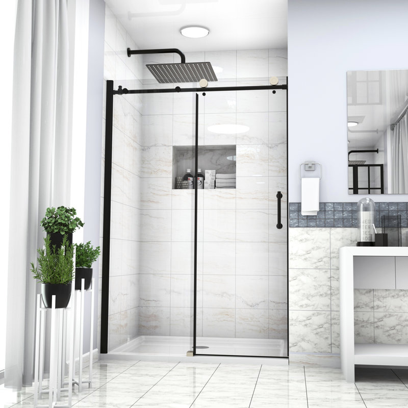 48" W X 76" H Sliding Shower Enclosure In Matte Black. Tempered Glass. Handle. Fits Different Bathroom Decor. Adjustable For Uneven Surfaces. Parts Included