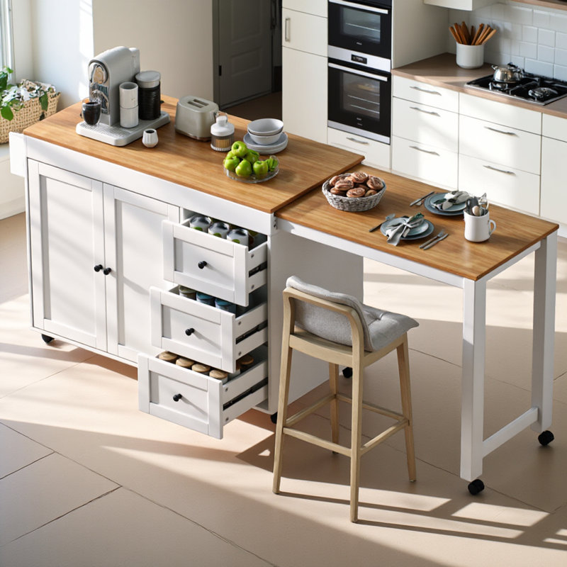 74.8" Kitchen Island With Extendable Dining Table, Kitchen Storage Cart With 3 Drawers, Power Outlet, Rolling Kitchen Island On Wheels With Spice Rack And 2 Door Cabinet, For Kitchen, White