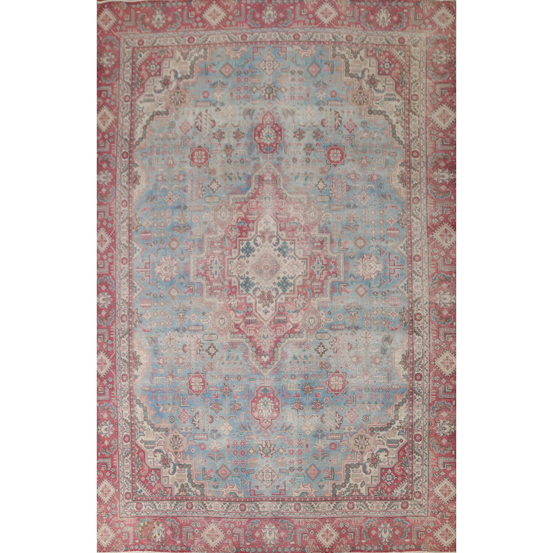 Tapis persan Tabriz bleu patiné noué à la main 9 x 12