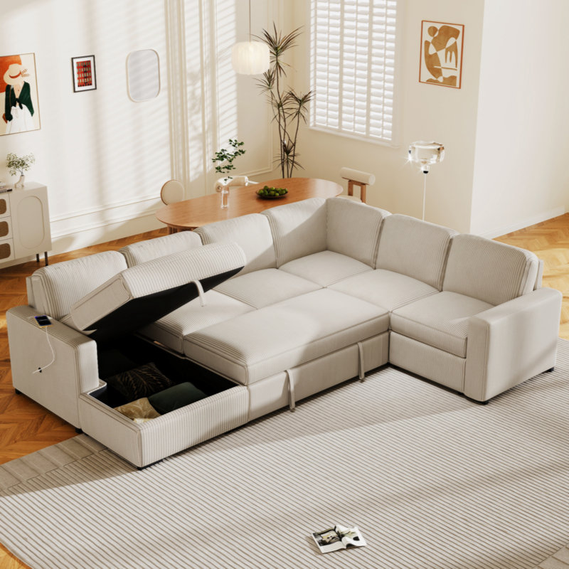 Destinymarie 116.5'' Corduroy Sleeper Sofa, Beige Polyester