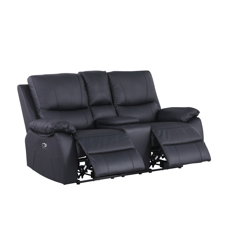 Upholstered 71.65'' Power Reclining Loveseat, Black Genuine Leather