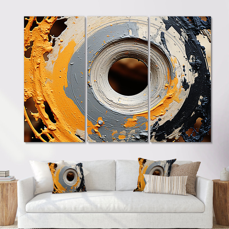 Spirale de pierre moderne gris et jaune - art abstrait spirales murales, Toile tendue, H 28 po x l 36 po x P 1 po