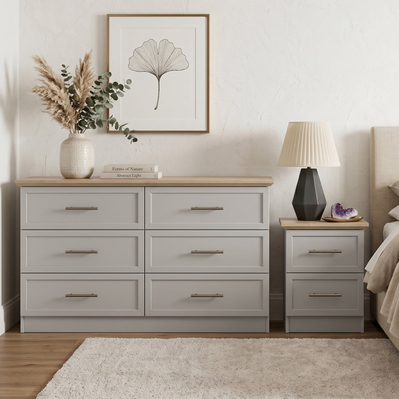 Cleverton Bedside Table And 6 Drawer Chest Bedroom Set, Light Grey