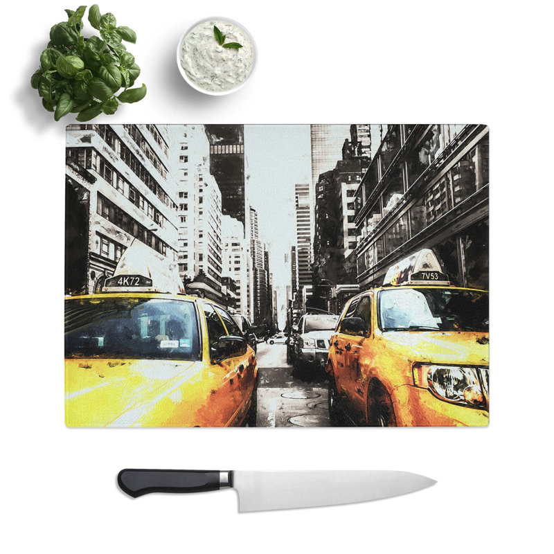 Tempered Glass Two Yellow Taxi Cabs in New York in Abstract Chopping Board, 28.5 cm W x 20 cm L