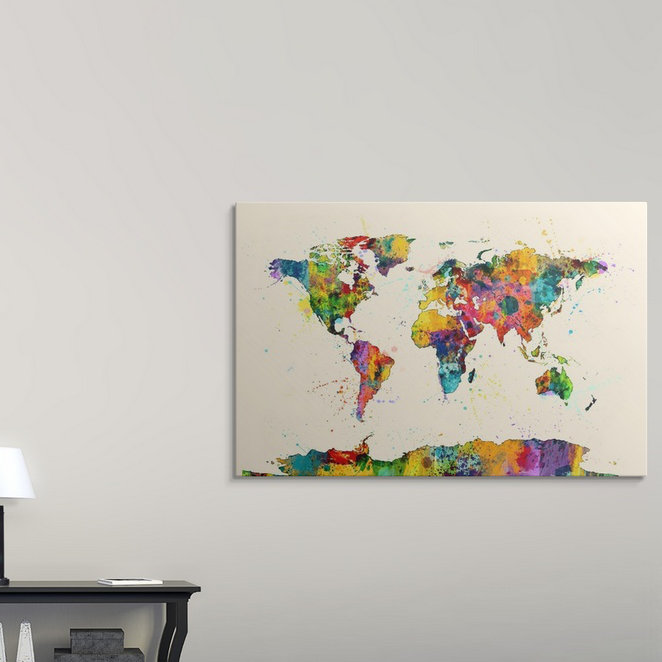 «Map of the World Map Watercolor» par Francy, impression d'art graphique, H 32 po x l 48 po x P 1,5 po, Toile