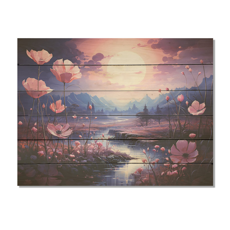 Charmant coucher de soleil magique pré de fleurs - Art mural en bois sur bois de pin naturel, H 10 po x l 20 po
