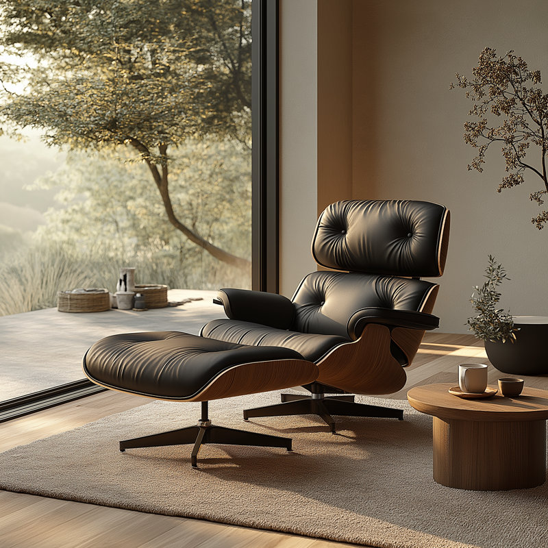 Swivel Lounge Chair With Ottoman, Black/Brown Wood