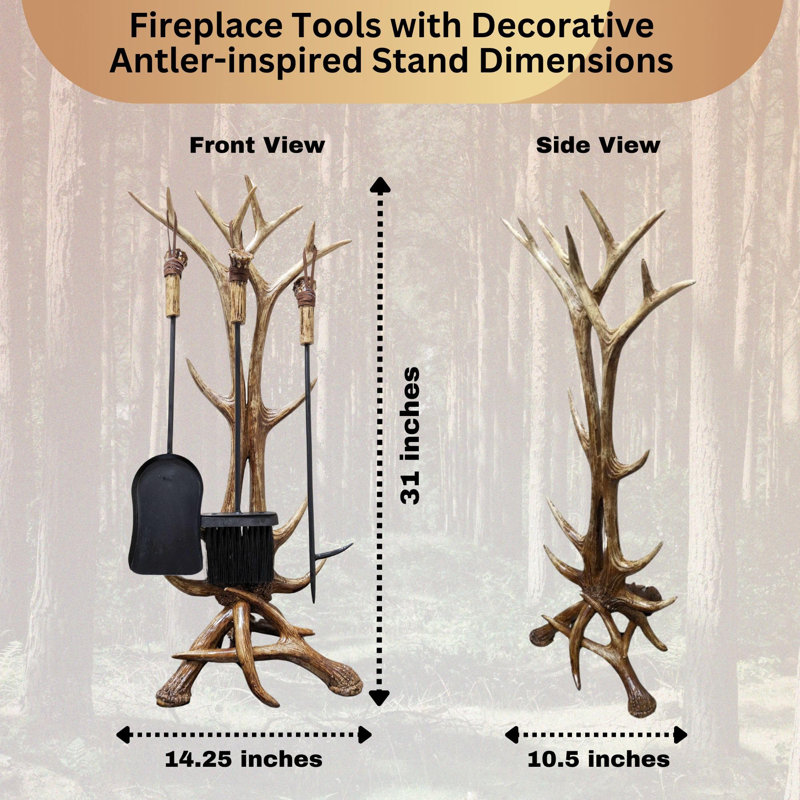 Outils décoratifs pour foyer à bois de cerf (ensemble de 3 pièces) avec support - brosse, pelle