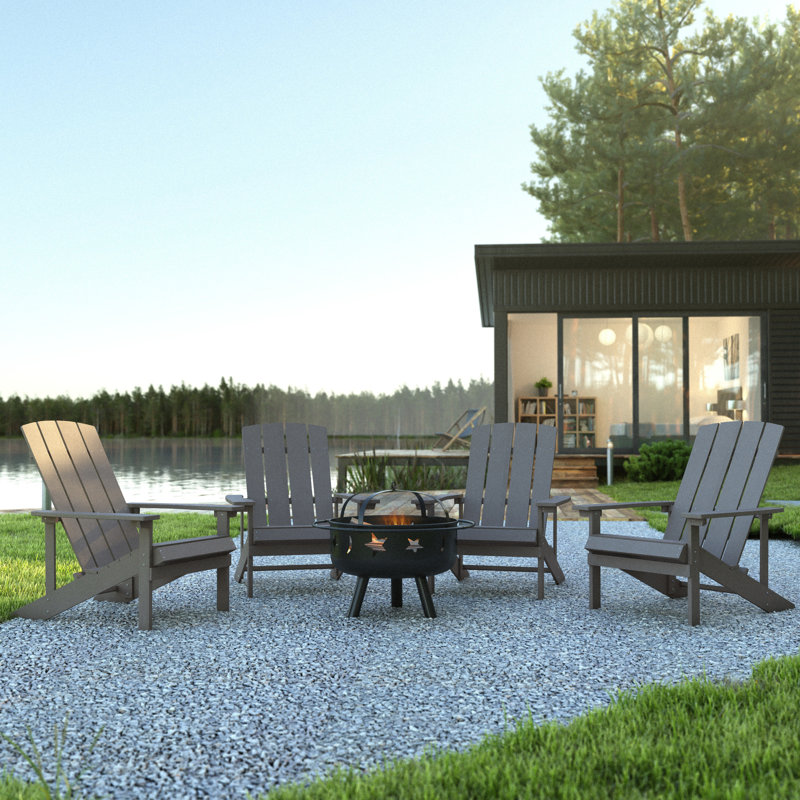 Foyer étoile et lune avec housse en filet et 4 chaises Adirondack en résine de polyester, Gris clair