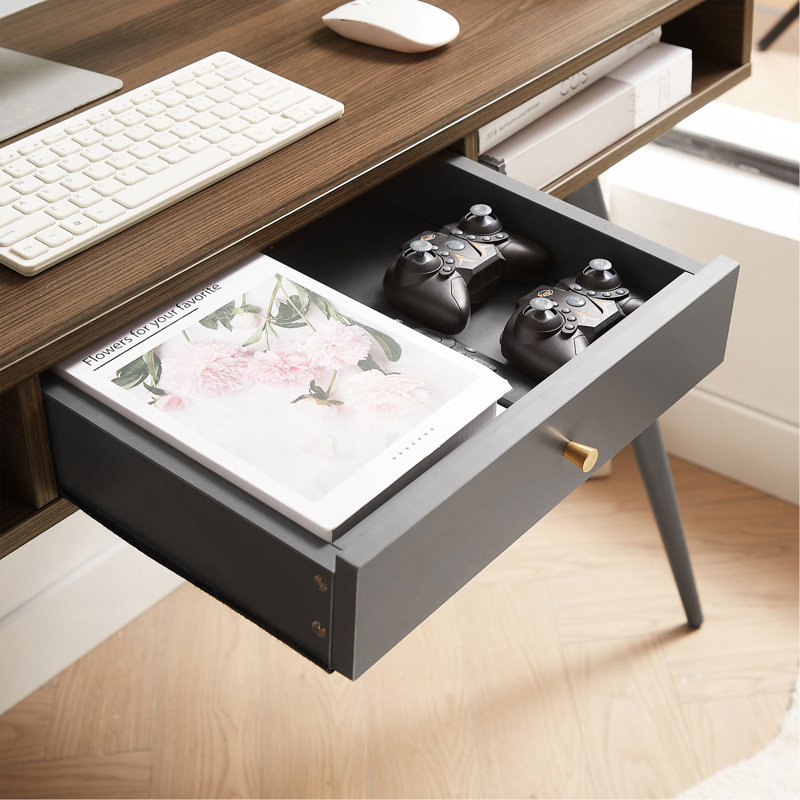 Mid Century Desk With USB Ports And Power Outlet, Modern Writing Study Desk With Drawers, Multifunctional Home Office Computer Desk