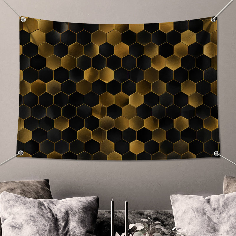 Tapisserie murale hexagonale dorée noire - décoration murale hexagonale, H 104 po x 88 avec 4 œillets