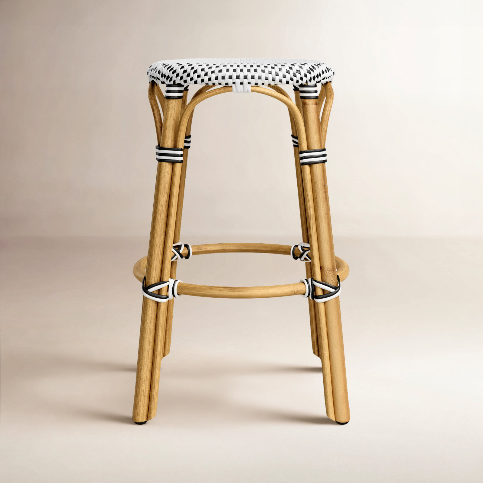 Alastair Bar & Counter Stool, Counter Stool (24" Seat Height), White/Black Dot/Natural Rattan Frame