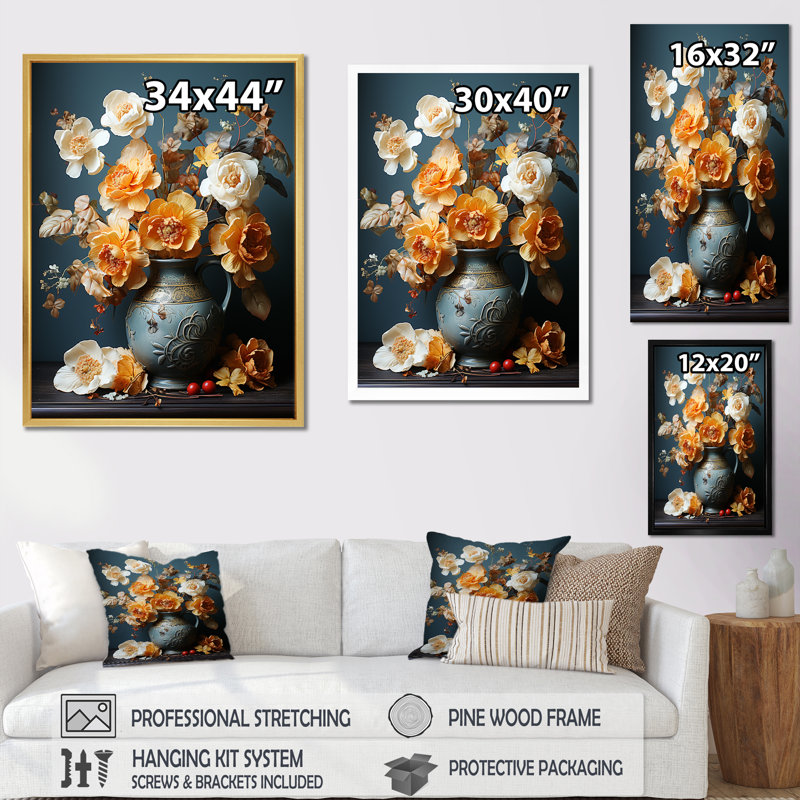 Luxueux orchidées jaunes dorées, déversement I sur toile, Cadre flottant noir, H 44 po x l 34 po
