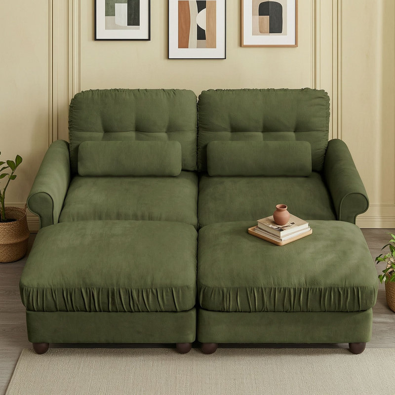 Canapé d'angle deux places avec 2 poufs, Green